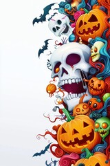 Fototapeta premium A vibrant Halloween-themed illustration featuring skulls, pumpkins, and bats, perfect for spooky holiday decorations.