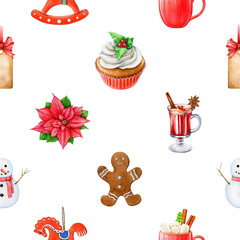 Christmas time traditional decor element seamless pattern. Hand drawn snowman, gingerbread man, winter sweets and treats on white background. Winter season vintage style decoration seamless pattern