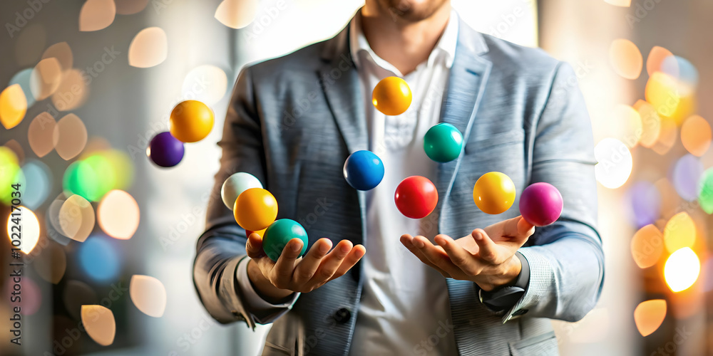 Poster abstract image of a person juggling bokeh balls representing work-life balance; artistic depiction o