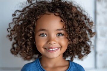 happy little girl with curly hair in blue shirt laughing on white background perfect teeth for ads and web design professional portrait studio photo of cute mixed race child