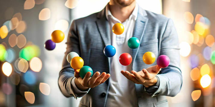 Abstract image of a person juggling bokeh balls representing work-life balance; artistic depiction of harmony and happiness in remote work.