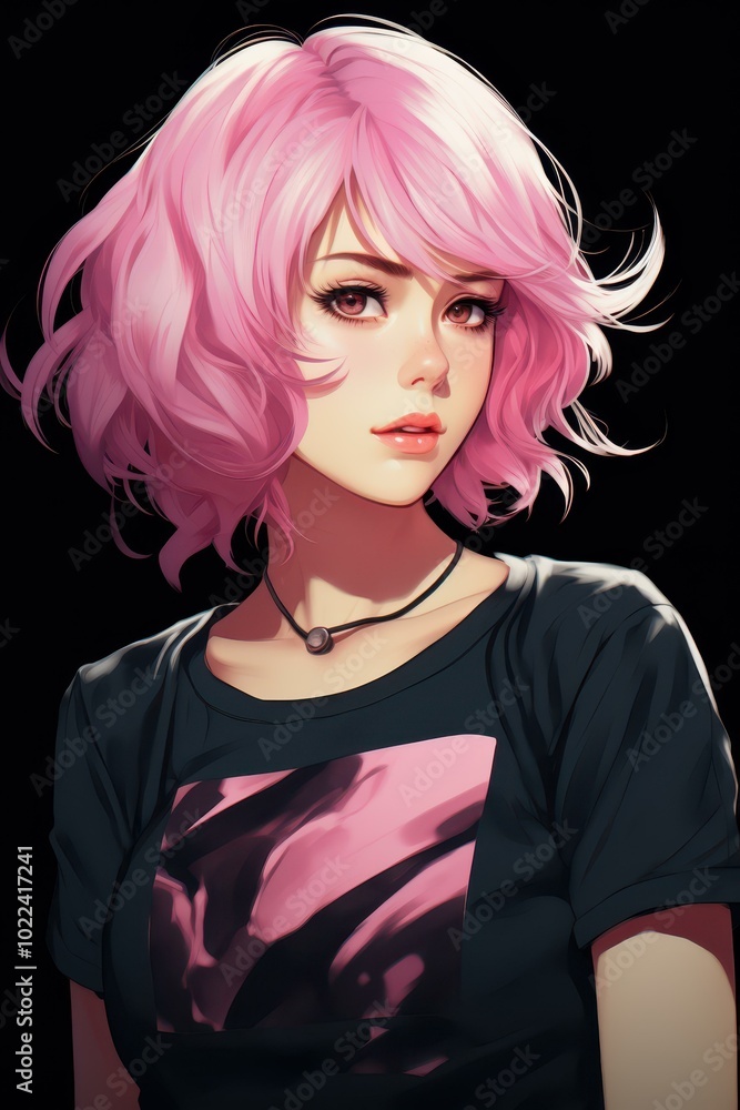 Sticker a cute, plump anime girl in a pink tee stands out against a sleek black backdrop, showcasing her vib