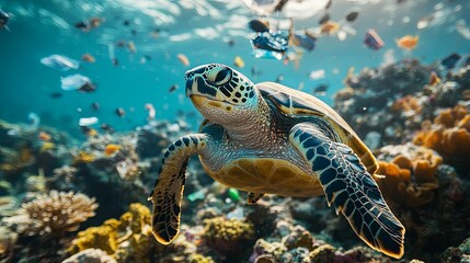 Fototapeta premium Green Sea Turtle Swimming Through Coral Reef