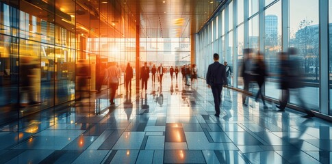 Modern office building interior with business people walking blurred motion long exposure corporate life business activities