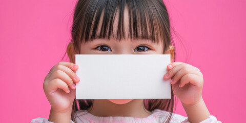 Obraz premium A cute little girl with bangs, holding up an empty white card, generative AI
