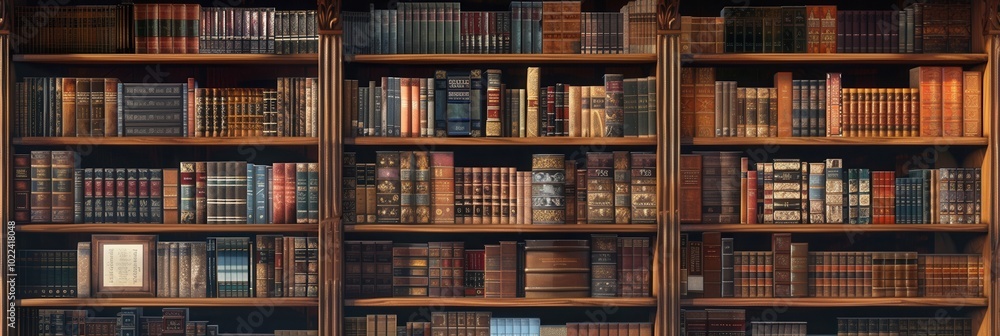 Aufkleber the wooden shelves showcase a diverse array of textbooks and academic literature, creating an inviti