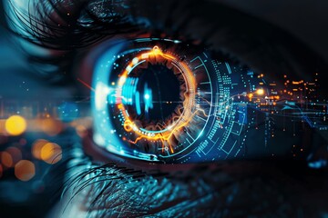 High-Tech Digital Robot Eye with Blue Iris in Futuristic Cityscape