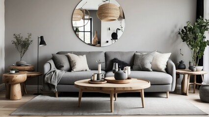 Scandinavian home interior with a grey-pillow sofa and rustic round wood table, creating a warm, modern living room.-