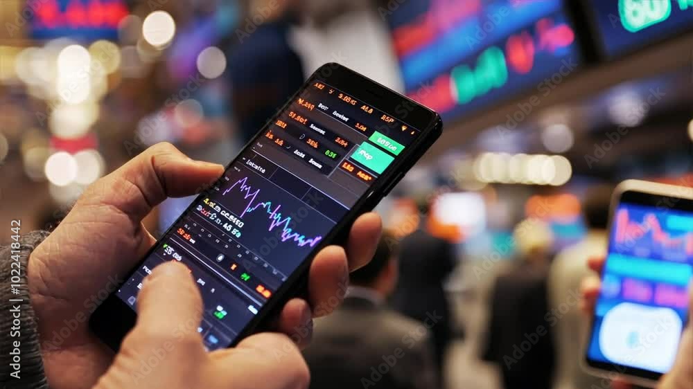 Poster a close-up of a trader's hand holding a smartphone with real-time stock market data displayed, set a