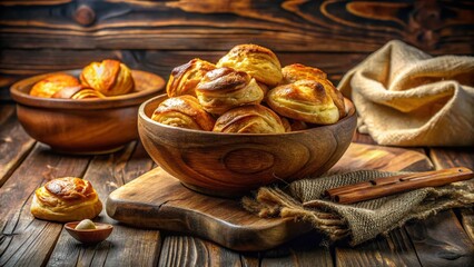 Fototapeta premium Freshly Baked Golden Pastries in Rustic Setting for Culinary and Food Photography