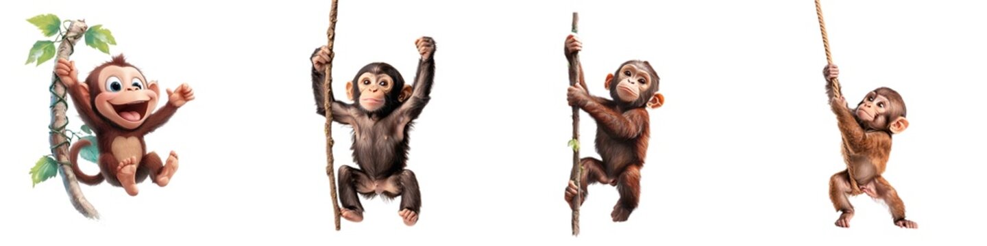 playful monkey swinging from a vine, isolated on white background
