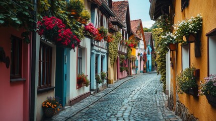 Fototapeta premium A Narrow Cobblestone Street Lined With Colorful Buildings and Flowers in a European Village