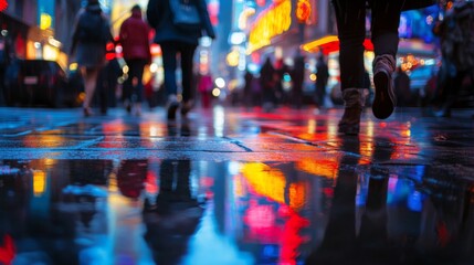 Blurry Reflections of People Walking in the Rain at Night