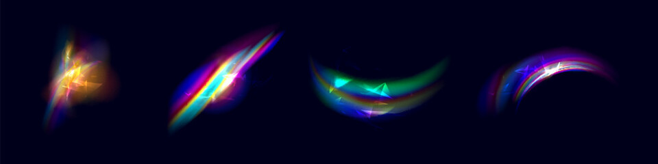 Iridescent crystal leak glare reflection effect. Optical rainbow lights, glare, leak, streak overlay. falling confetti. Vector colorful vector lenses and light flares with transparent effects.