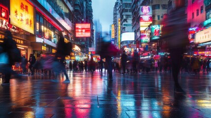 Blurred Crowd Walking on Wet Pavement with Neon Signs Reflecting in Puddles