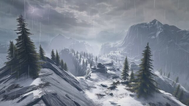 Snowy mountain range with rain, trees, and rocky peaks. A valley stretches into the distance.
