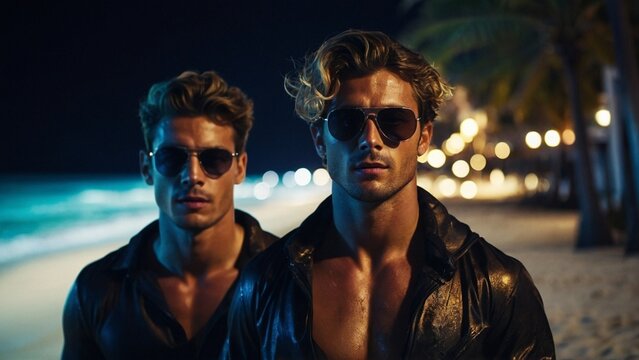 two handsome men on the beach - beautiful friends on the beach - bromance on the beach - hot guys on the beach - men on the beach at night - blonde guys at night. - men with black leather jackets .