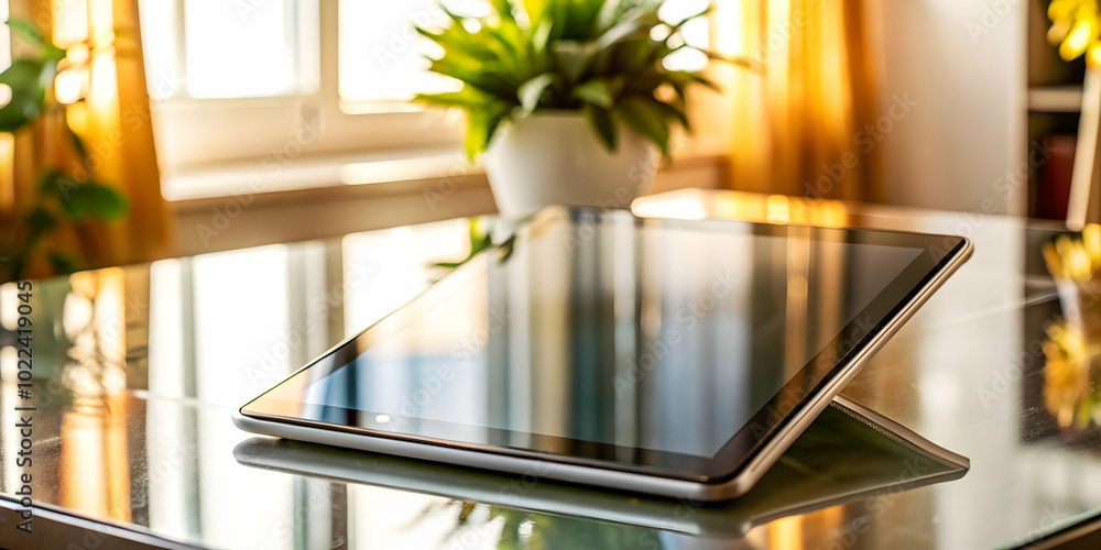 Poster glossy tablet on plain surface: a modern device symbolizing connectivity and happiness in remote wor