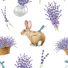 Springtime seamless pattern with bunny and lavender flowers. Watercolor vintage style illustration. Hand drawn cute bunny with lavandula basket, dragonfly and village life elements. White background