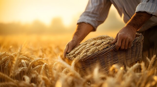 Organic Wheat Harvest with Traditional Methods in Natural Rural Fields