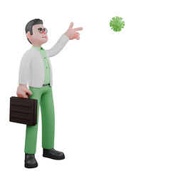Ecology Professional Male. A male biologist stands holding a briefcase in his right hand and points to the virus above with his left hand. 3D Biologist Cartoon