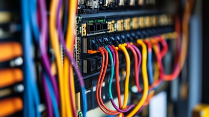 A close-up view of intricate electrical wiring inside a control panel, with each wire neatly organized and labeled,