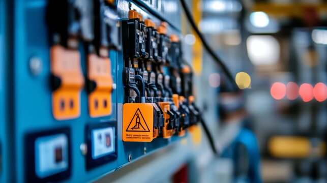 A close-up of electrical safety tags and lockout devices on a panel, ensuring the equipment is safely de-energized,