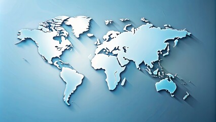 A minimalist world map with a light blue gradient and subtle shadow effects. The design emphasizes the continents and their shapes, offering a simple yet impactful representation of global geography.