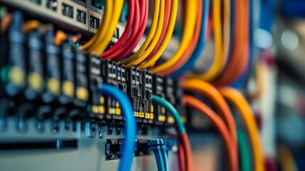 A close-up view of intricate electrical wiring inside a control panel, with each wire neatly organized and labeled,