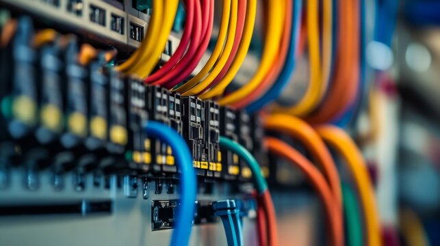 A close-up view of intricate electrical wiring inside a control panel, with each wire neatly organized and labeled,