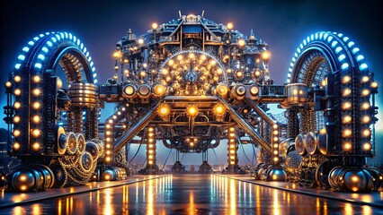 Obraz premium A Futuristic Machine Illuminated by Countless Glowing Lights, Standing on a Reflective Surface, Presenting an Intriguing Vision of Technological Advancement
