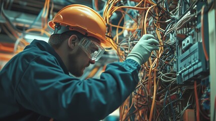 A detailed view of a technician inspecting and maintaining electrical wiring in an office building, replacing worn-out components,