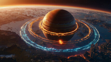 A futuristic planet with glowing rings of fire and energy, surrounded by a dramatic landscape. The cosmic scene evokes mystery and sci-fi adventure...
