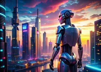 Futuristic Artificial Intelligence Robot in a Dynamic Cityscape with High Dynamic Range Effects