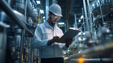 A maintenance technician updating logbooks after completing electrical repairs in a manufacturing plant, ensuring all records are up to date,