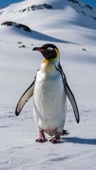 Obraz premium Penguin waddling on a snowy hilltop background for invitation or card screensaver