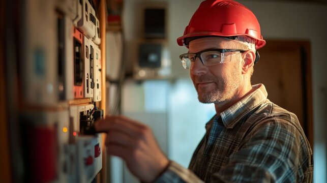 A residential electrician conducting a safety inspection of all the outlets and switches in a family home,