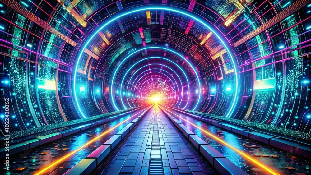 Poster futuristic decentralized internet connection in cyberspace tunnel design
