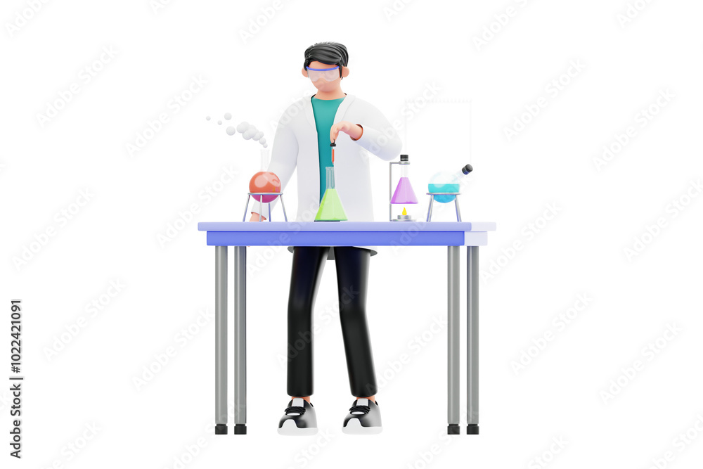 Poster laboratory experiment 3d character illustration.