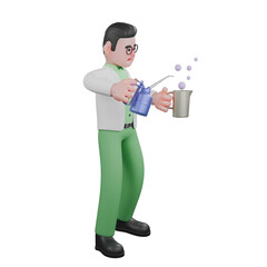 Cartoon Professional Biologist. A male biologist stands pouring a solution from a tube into a vessel, where the solution begins to react by producing bubbles that float in the air. 3D Male