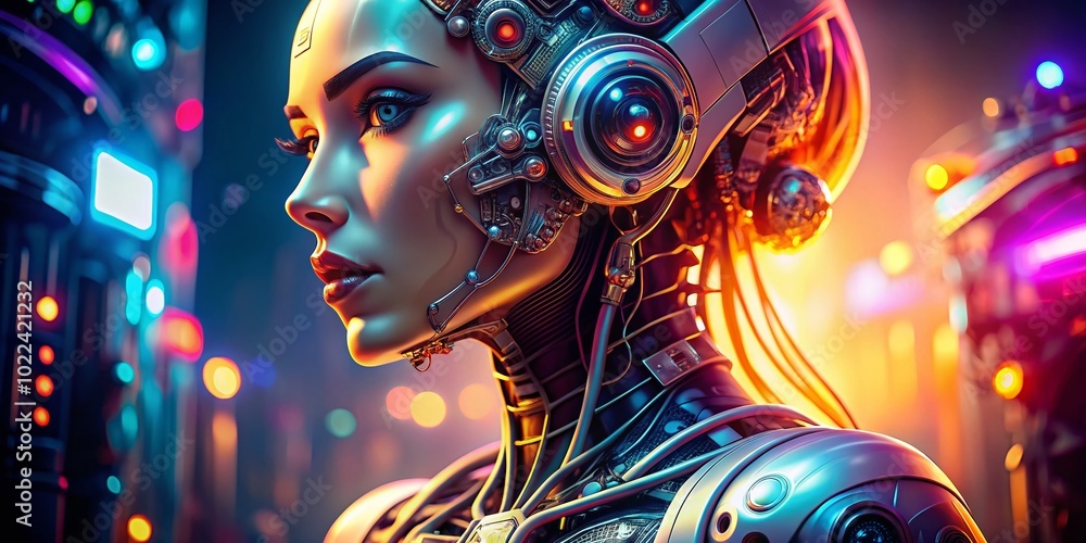 Poster futuristic female robot profile with circuitry for technology and ai concepts