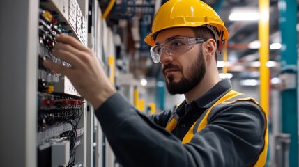 A technician installing and testing electrical systems in a new office building, ensuring compliance with all safety regulations,