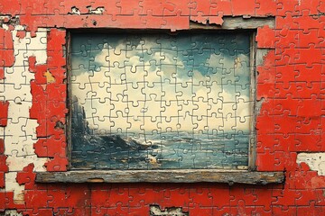 Naklejka premium Framed Puzzle Art with Vintage Scenic View