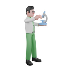 3D Ecology Enforcement Male Biologist. A male biologist stands holding a microscope in his left hand while his right hand is above the microscope. Professional