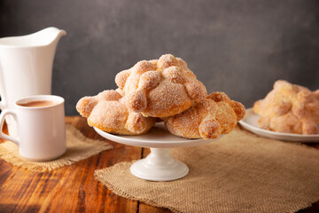 Pan de Muerto. Typical Mexican sweet bread that is consumed in the season of the day of the dead. It is a main element in the altars and offerings in the festivity of the day of the dead.