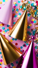 Fototapeta premium Shiny party hats and metallic streamers with confetti background for invitation or card screensaver