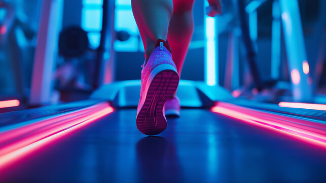 Close-up of Running Shoes on Treadmill with Futuristic Neon Lights