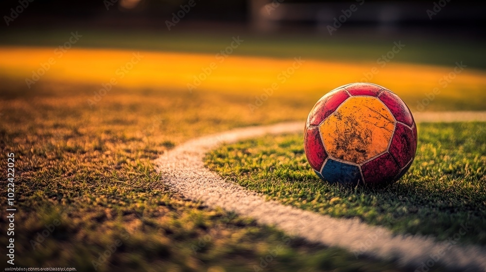 Poster A soccer ball sits on the edge of a field with a line of white paint in the foreground with a golden glow from the setting sun behind it.