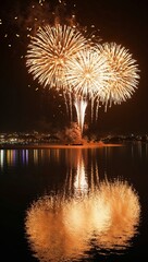 Fototapeta premium Sparkling fireworks reflecting on water with golden confetti background for invitation or card screensaver