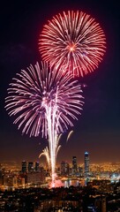Sparkling fireworks over a cityscape at night background for invitation or card screensaver